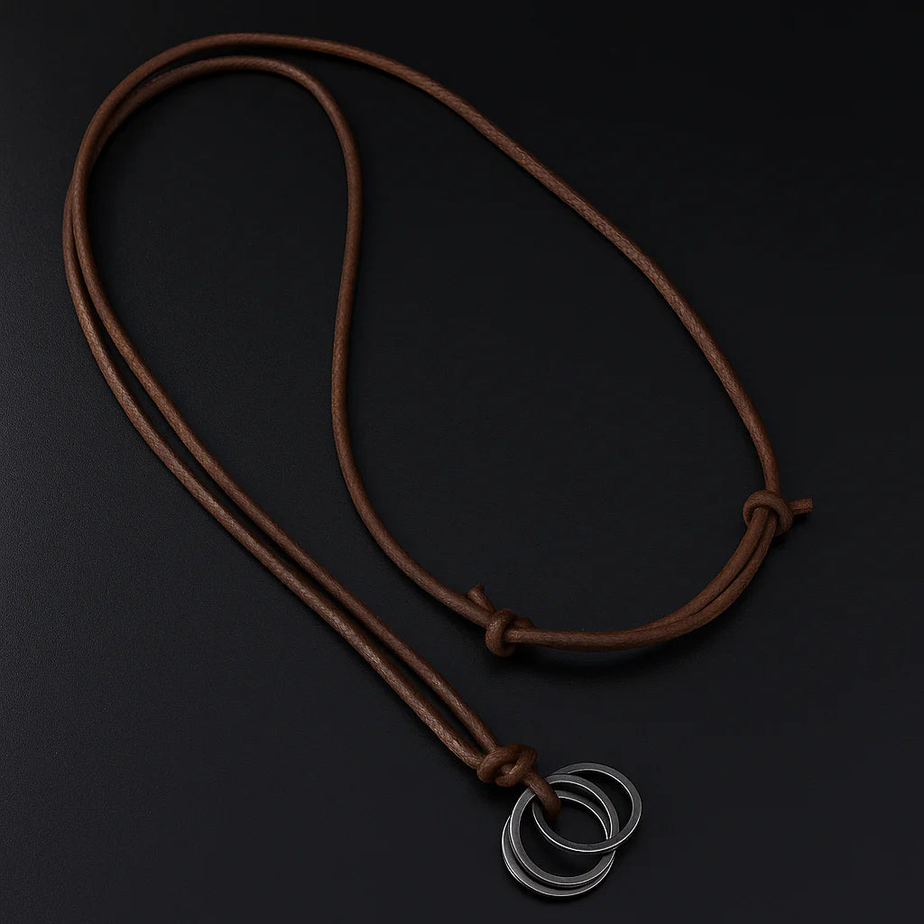 Handcrafted Leather Cord Necklace Minimalist Brown Rope Necklace with Interlocking Metal Rings