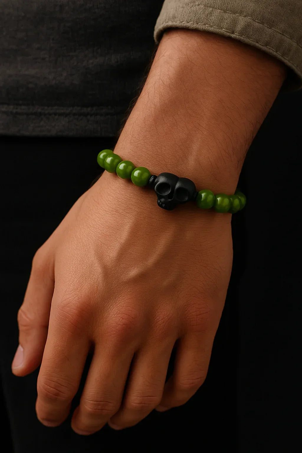 Handmade Natural Green and Black Skull Stone Bead Bracelet