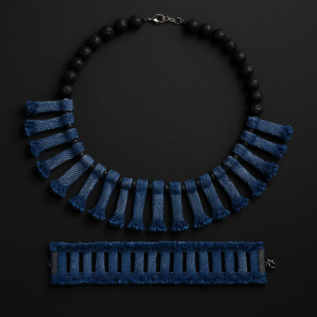 Handmade Denim Necklace and Bracelet Set with Lava Stone Beads