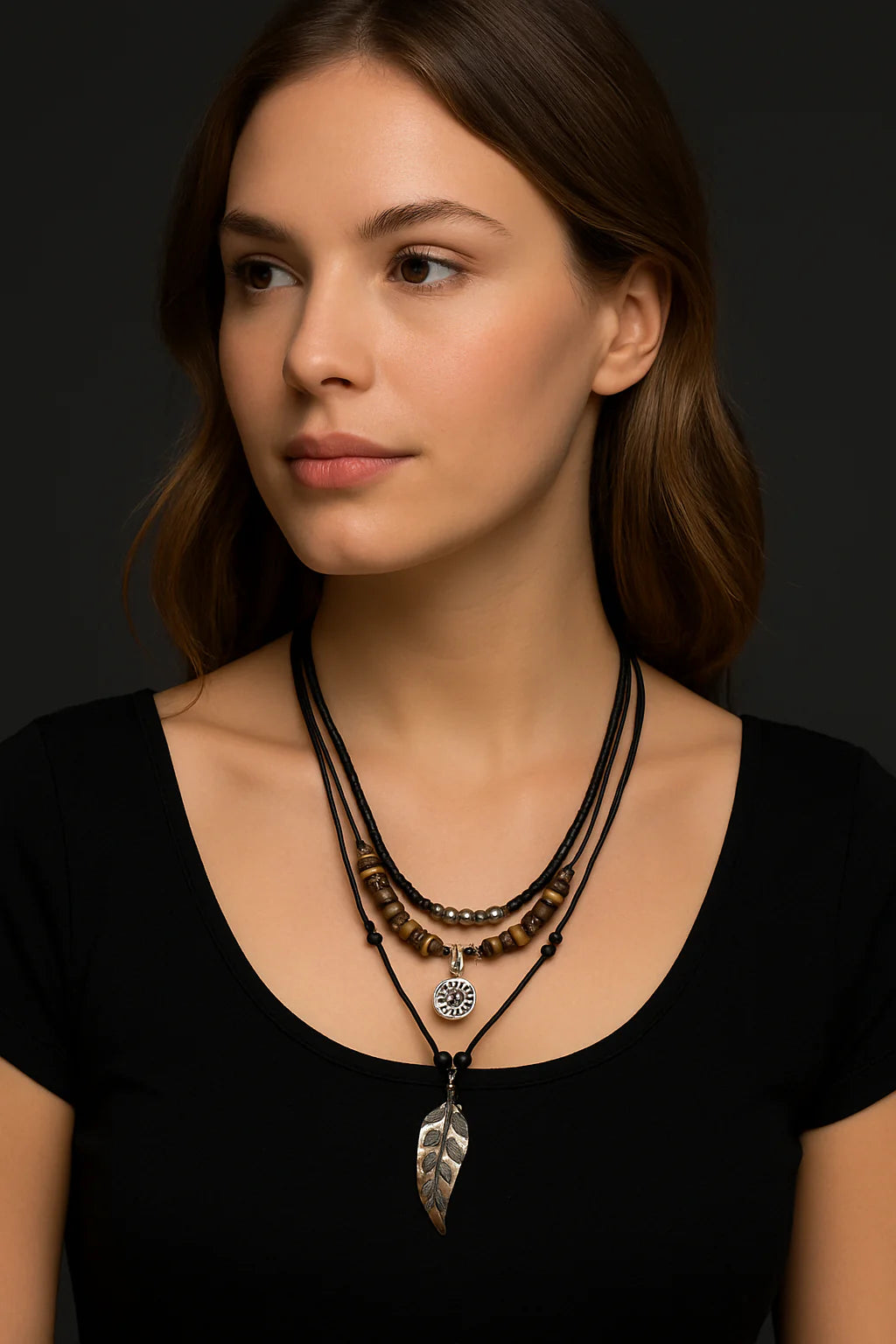 Handmade Feather Pendant Necklace – Boho Layered Leather Cord Necklace