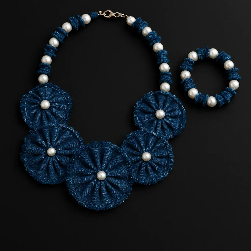 Handmade Denim Necklace and Bracelet Set