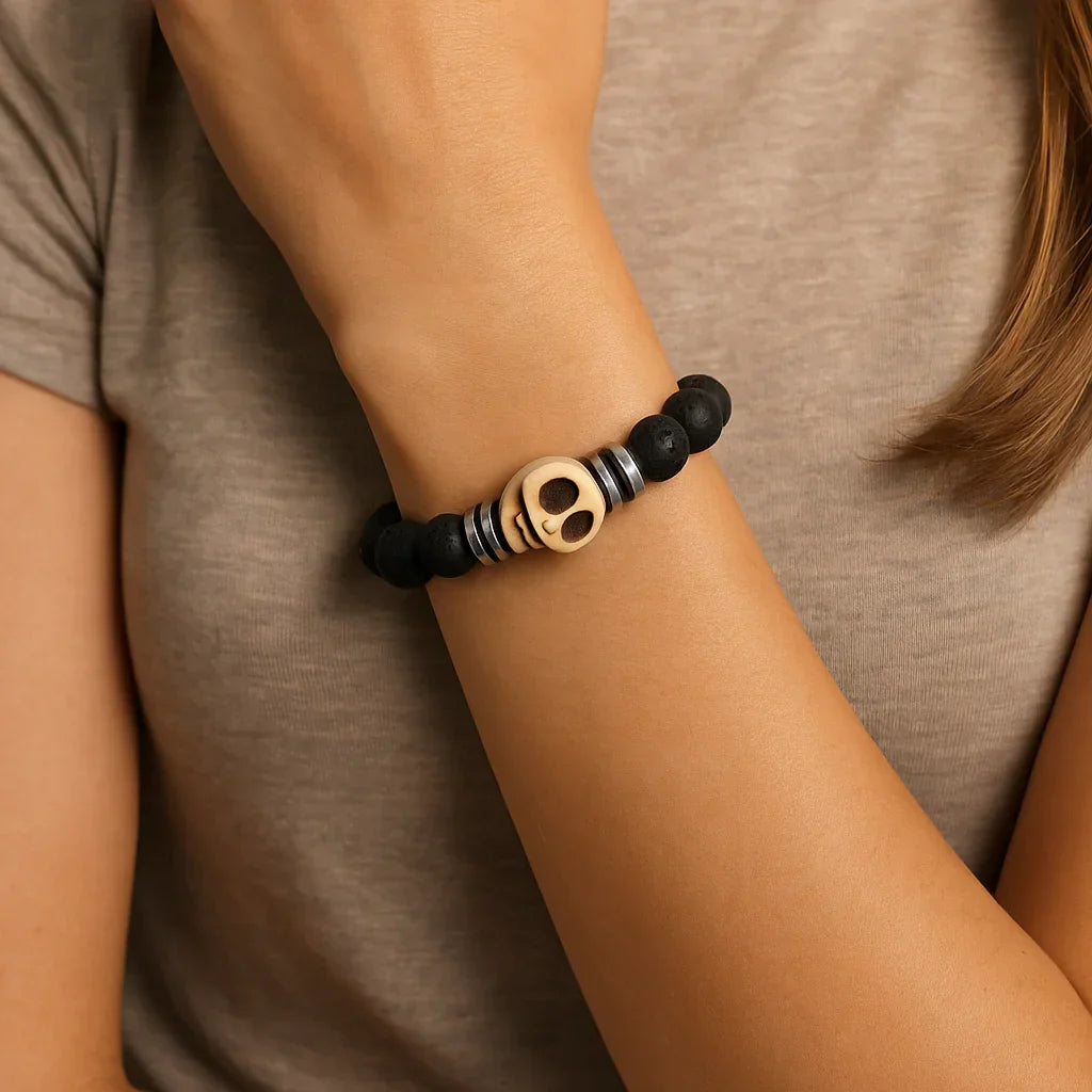 Natural Black Lava and White Skull Stone Bead Bracelet