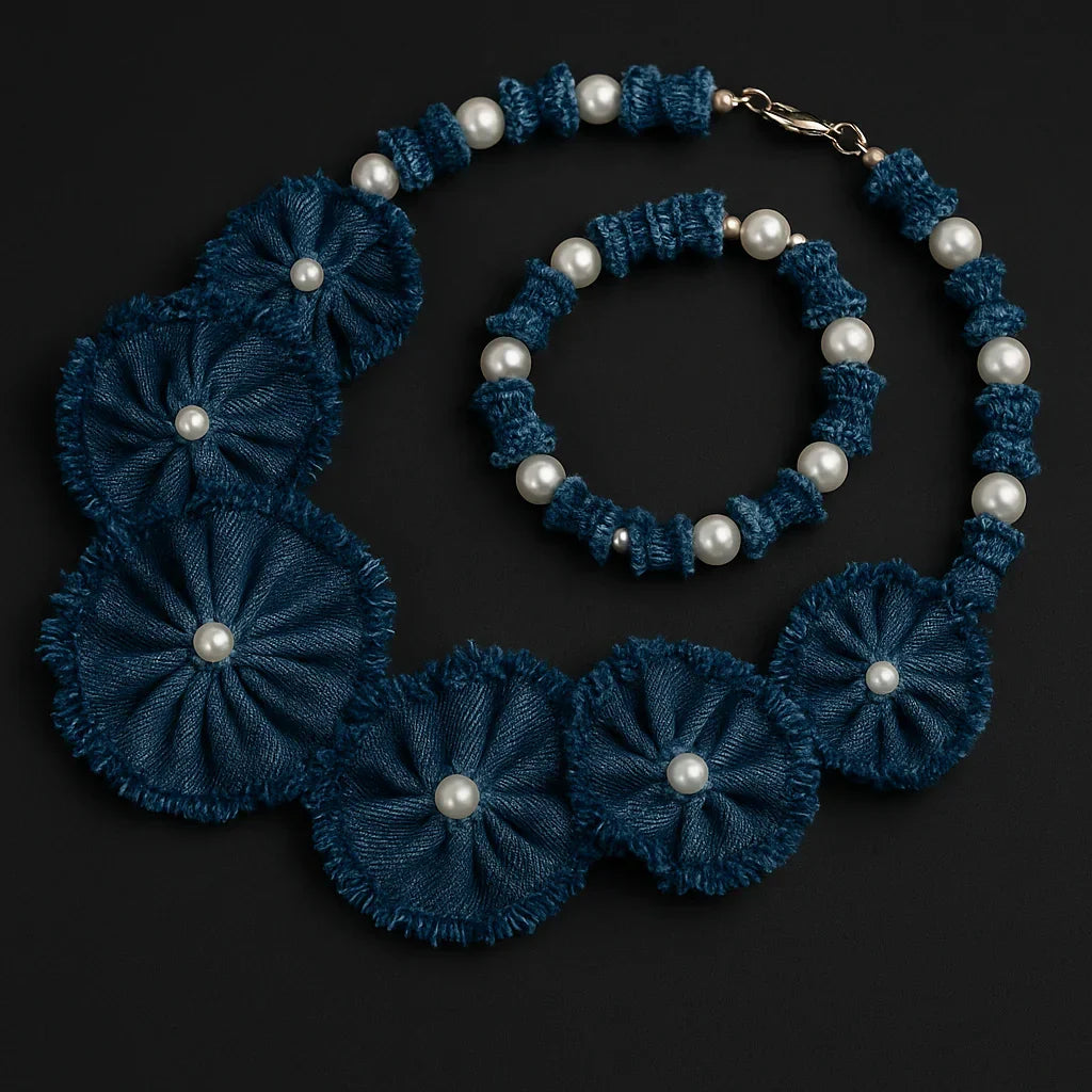 Handmade Denim Necklace and Bracelet Set