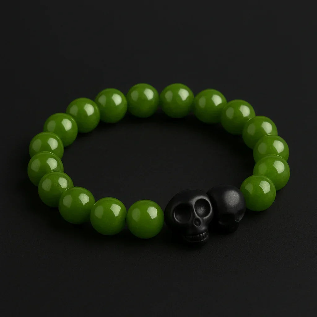 Handmade Natural Green and Black Skull Stone Bead Bracelet