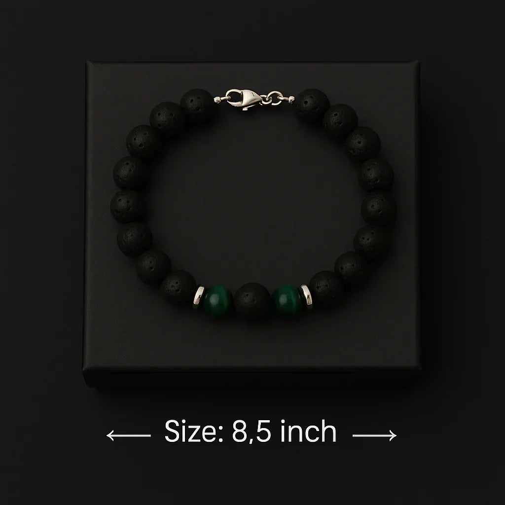 Natural Black Lava and Green Tiger Eye Stone Bead Bracelet