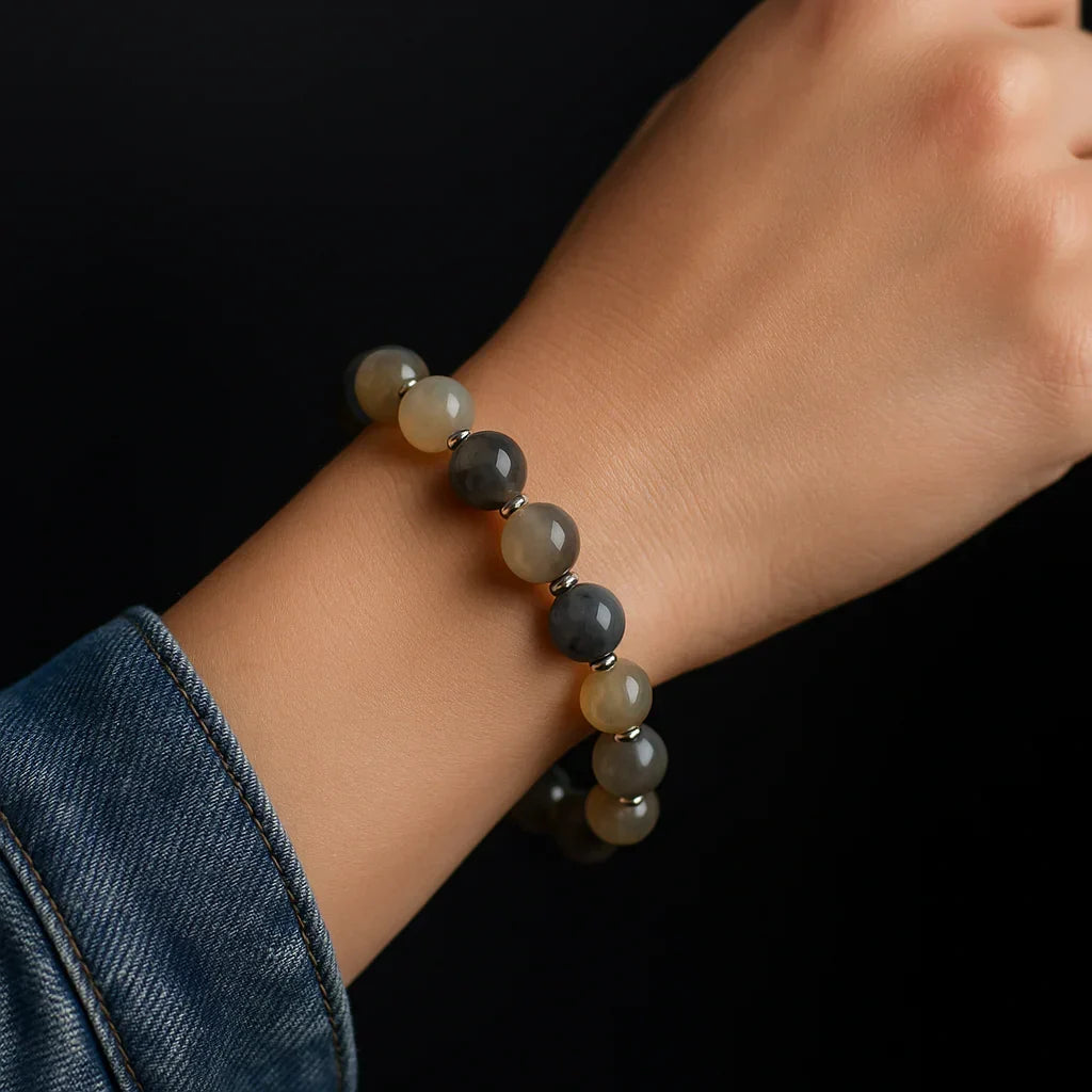 Handmade Natural White and Agate Stone Bead Bracelet