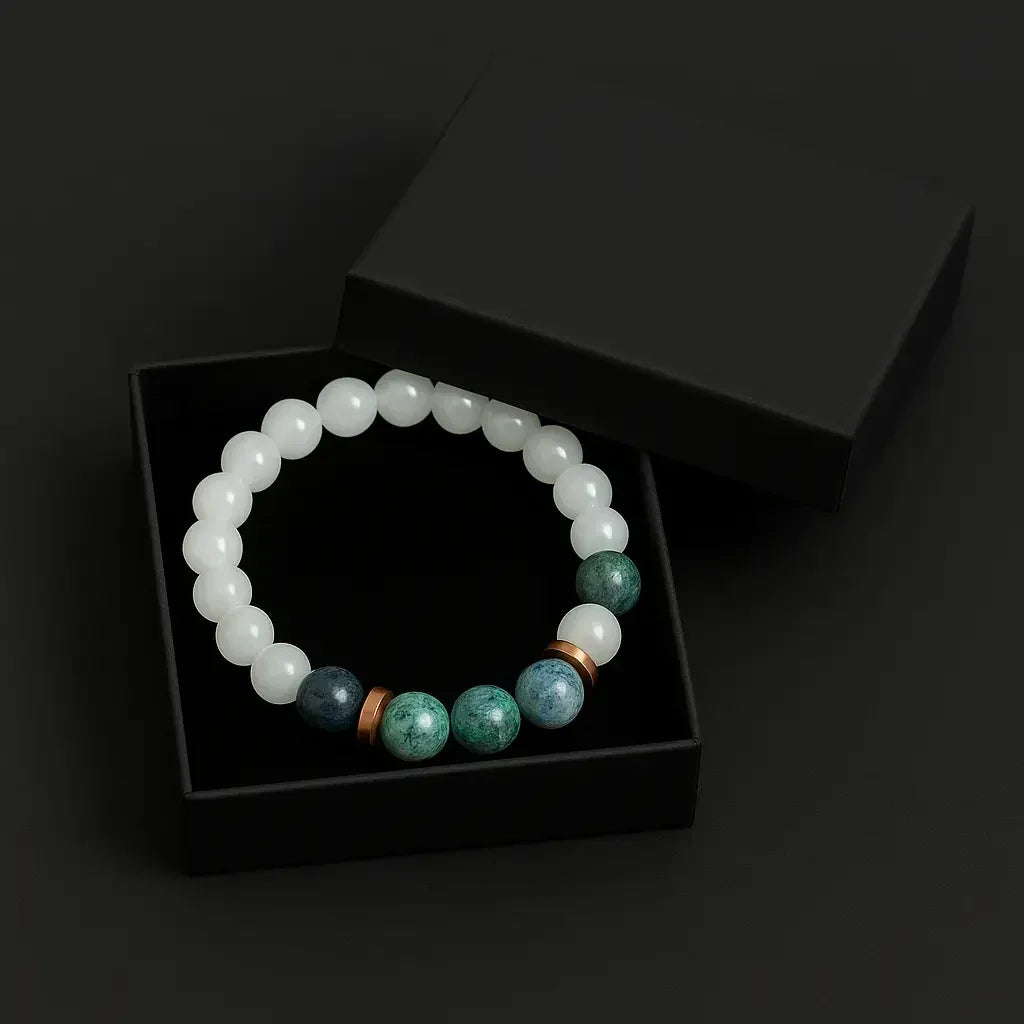 Handmade Natural White and Green Aggregate Stone Bead Bracelet