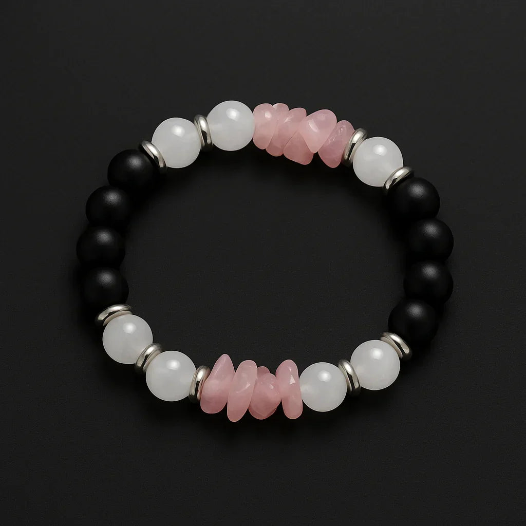 Handmade Natural Black Onyx and Pink Chip Stone Bead Bracelet