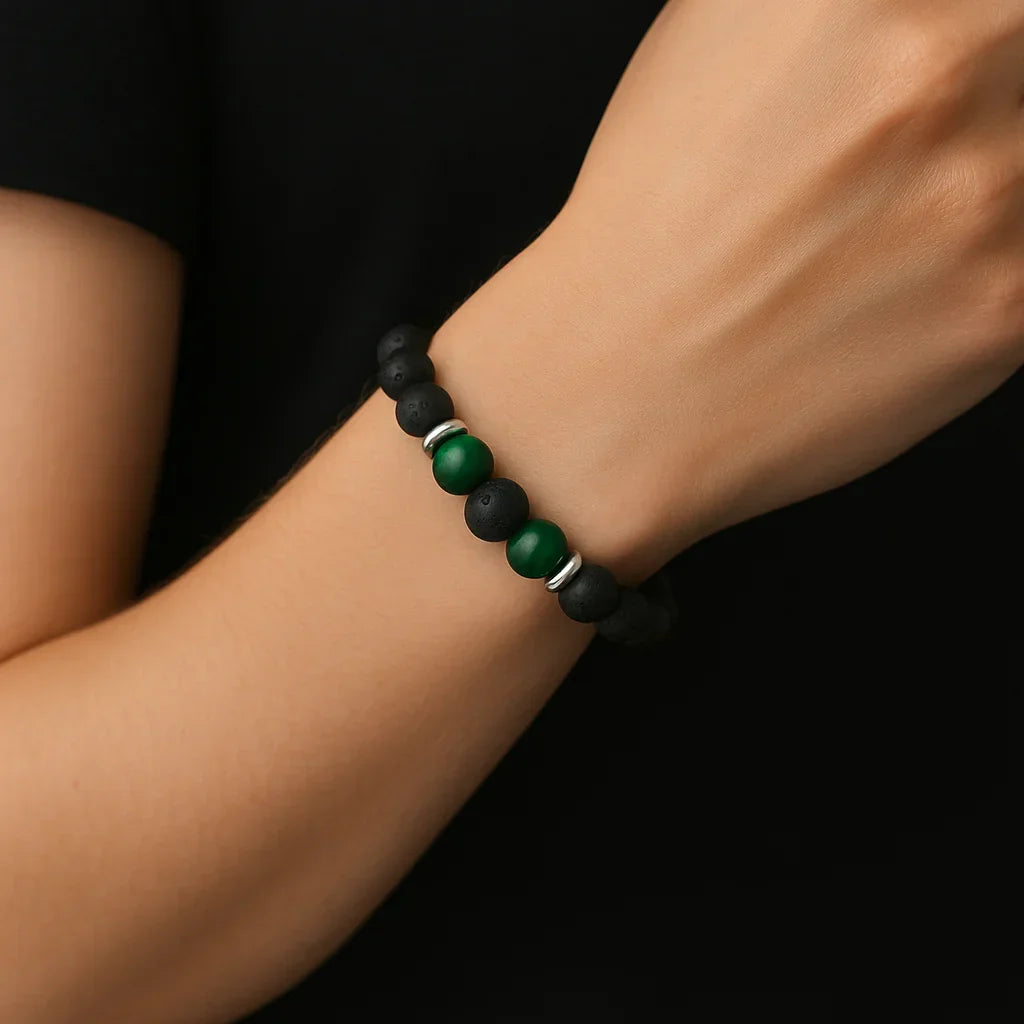 Natural Black Lava and Green Tiger Eye Stone Bead Bracelet