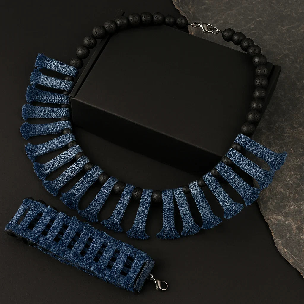 Handmade Denim Necklace and Bracelet Set with Lava Stone Beads