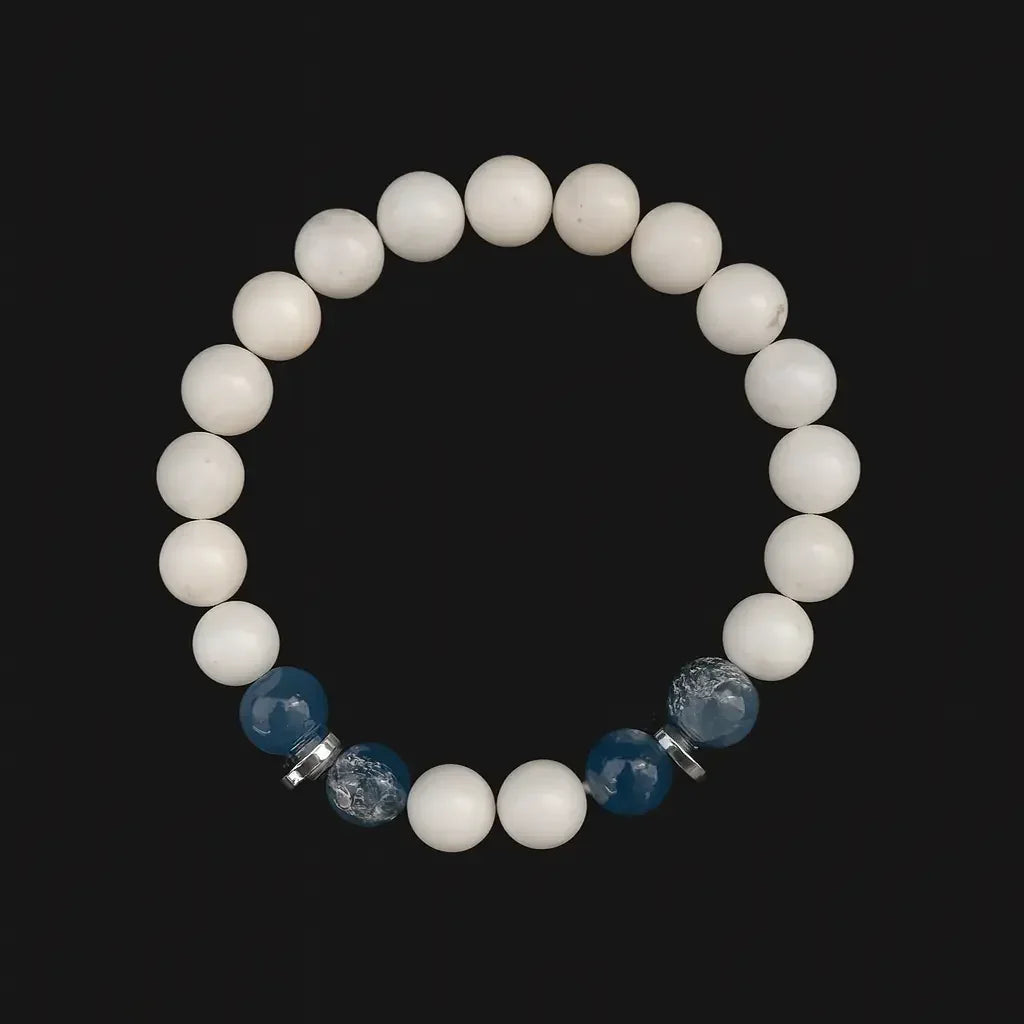 Handmade Natural White and Blue Stone Bead Bracelet
