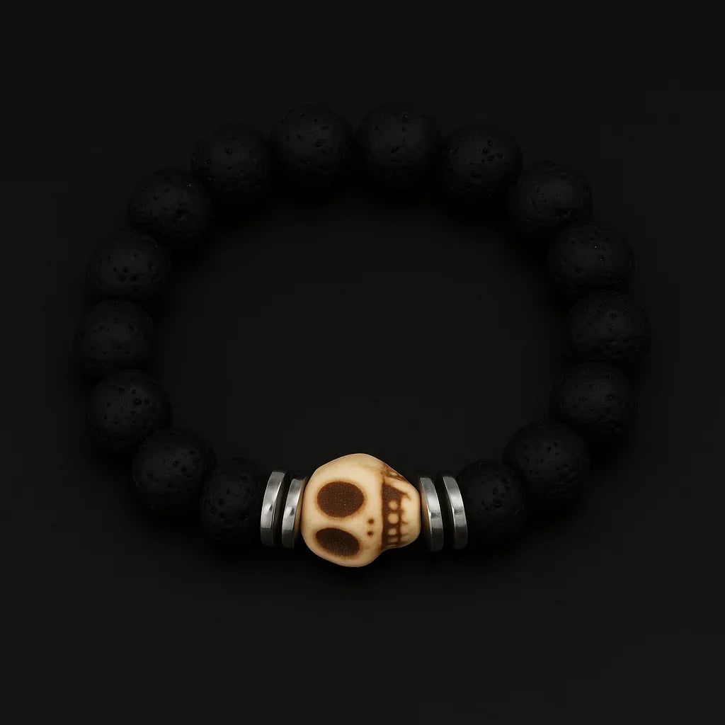 Natural Black Lava and White Skull Stone Bead Bracelet