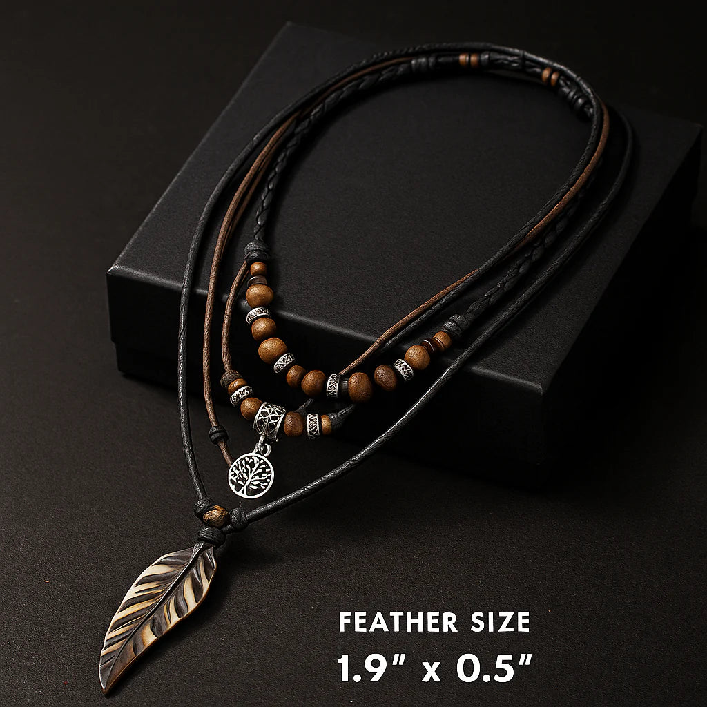 Handmade Feather Pendant Necklace – Boho Layered Leather Cord Necklace