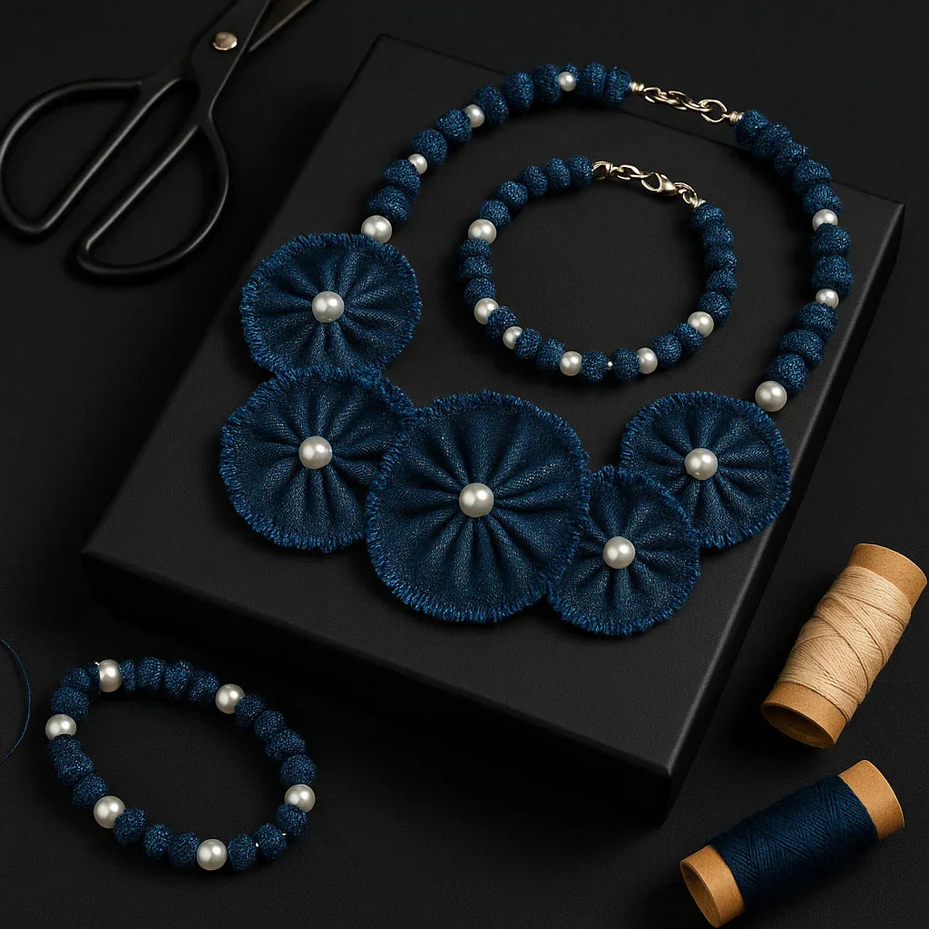 Handmade Denim Necklace and Bracelet Set
