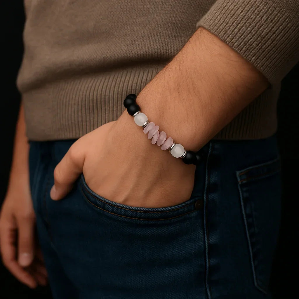 Handmade Natural Black Onyx and Pink Chip Stone Bead Bracelet