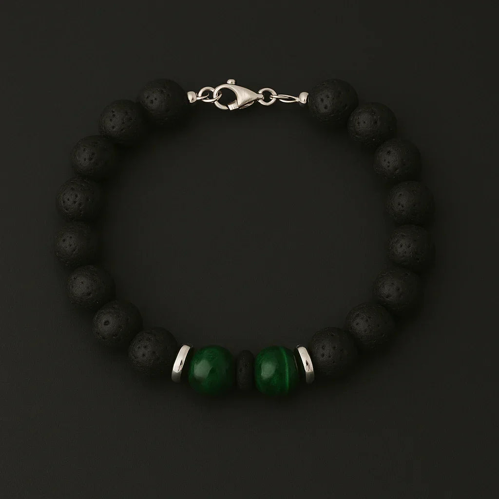 Natural Black Lava and Green Tiger Eye Stone Bead Bracelet