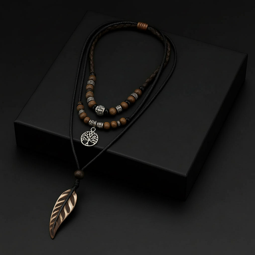 Handmade Feather Pendant Necklace – Boho Layered Leather Cord Necklace