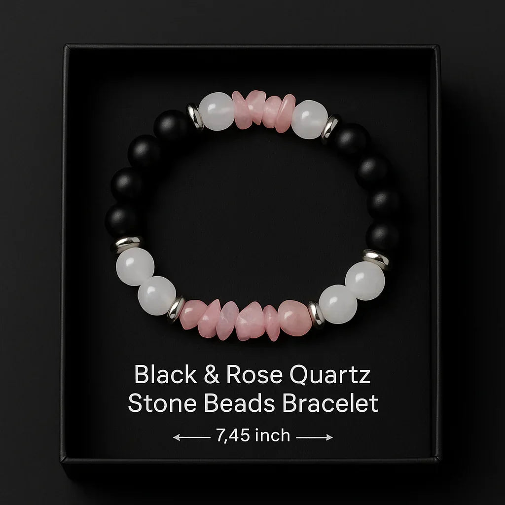 Handmade Natural Black Onyx and Pink Chip Stone Bead Bracelet