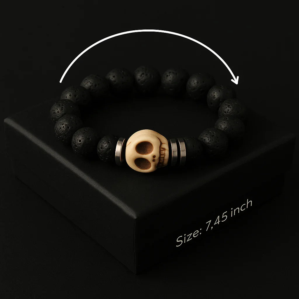 Natural Black Lava and White Skull Stone Bead Bracelet
