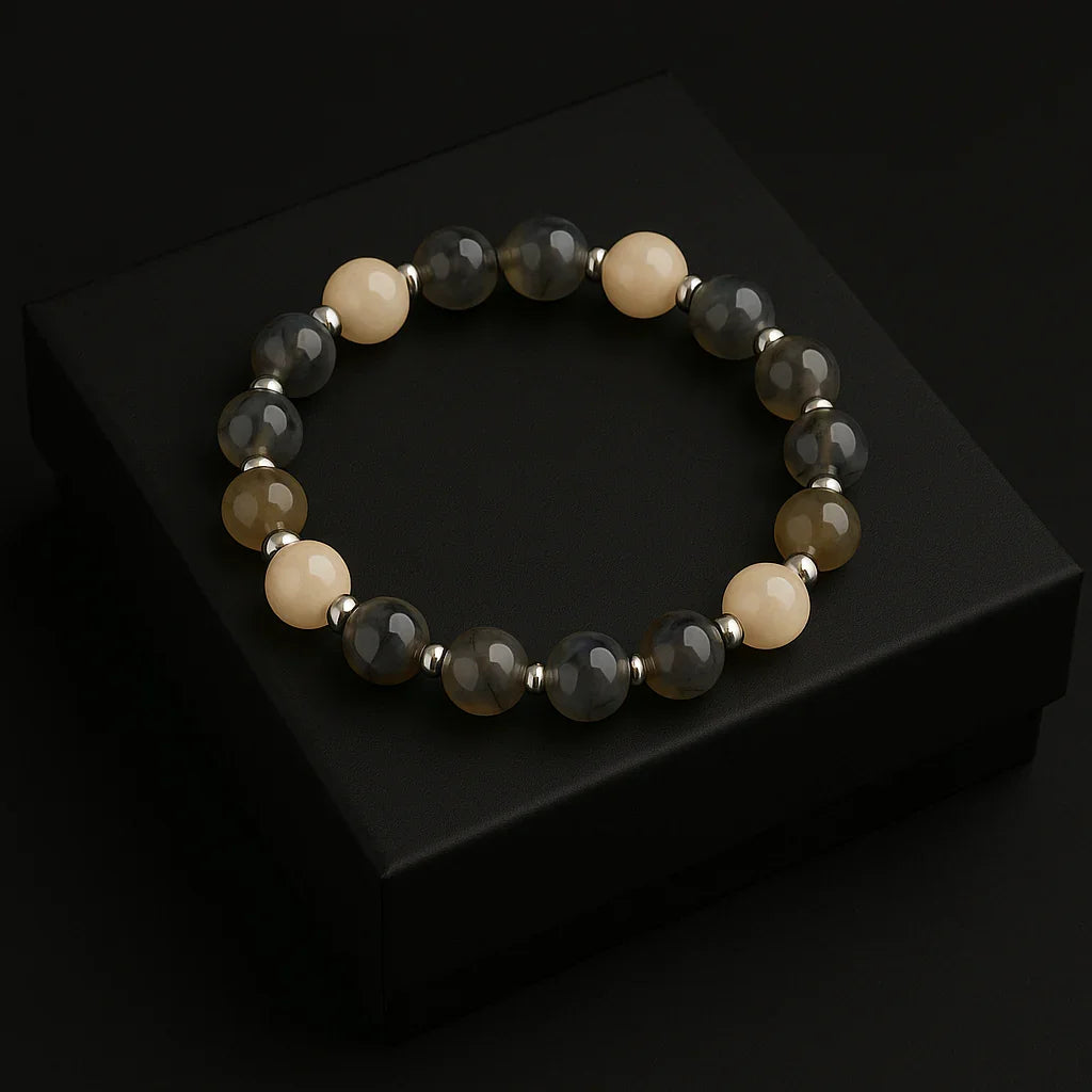 Handmade Natural White and Agate Stone Bead Bracelet