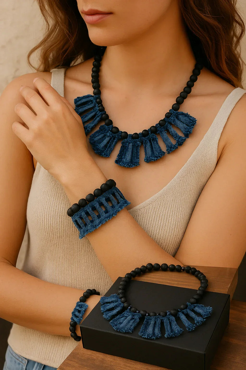 Handmade Denim Necklace and Bracelet Set with Lava Stone Beads